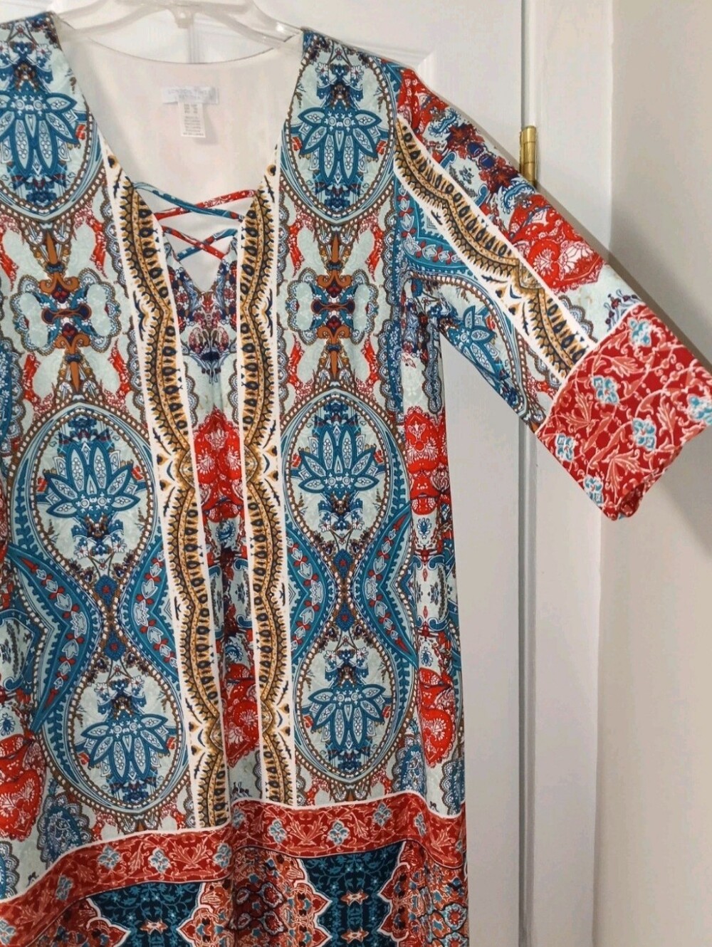 London Times Lace-Up V-Neck Tunic in Red, Blue & Cream